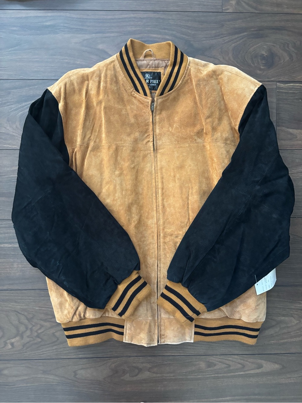 Suede Two-Tone Bomber Jacket - Tan & Black